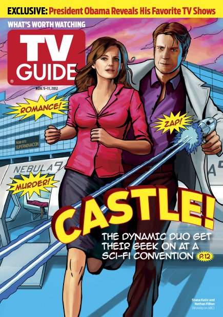 TV Guide cover featuring illustration of Nathan Fillion and Stana Katic